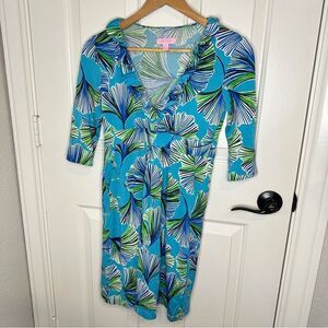 Lilly Pulitzer Blue Green Floral Silk Blend Blayney 3/4 Sleeve Ruffle Dress XS